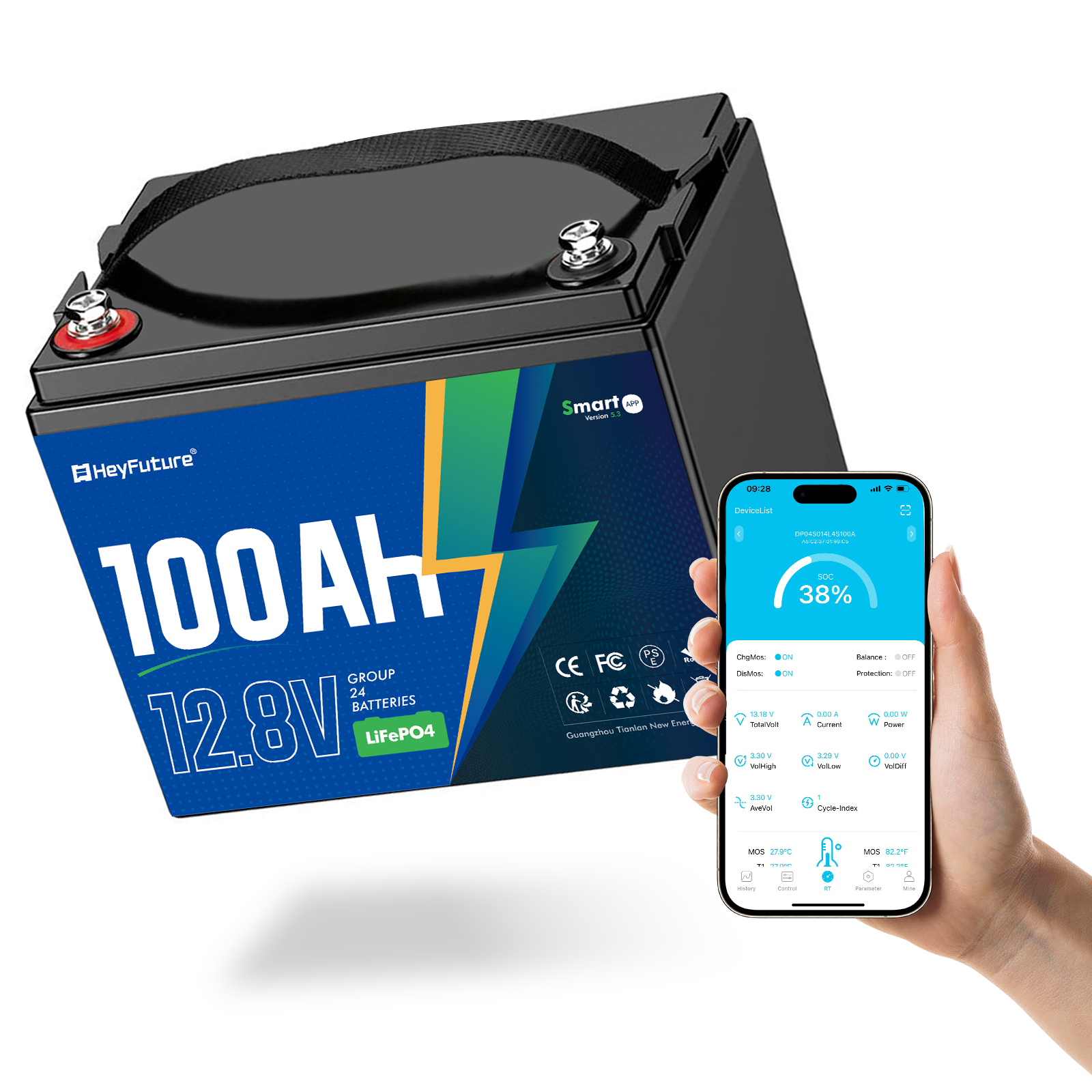 HeyFuture 12V 100Ah Group 24 Bluetooth LiFePO4 Battery