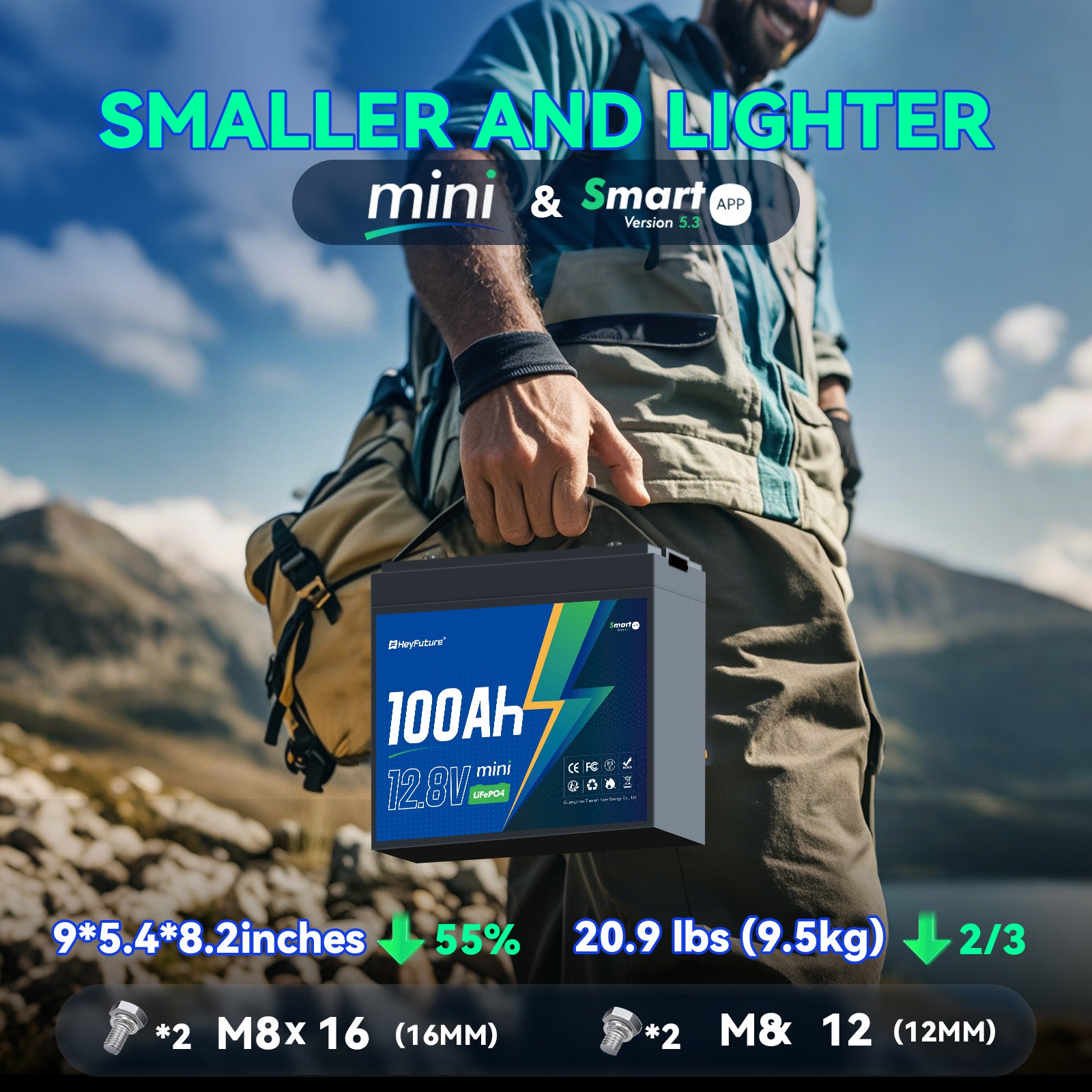 HeyFuture 12V100Ah Bluetooth Mini LiFePO4 Battery