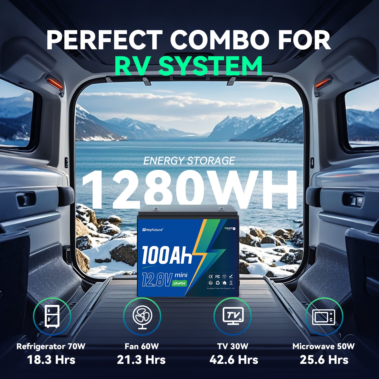 HeyFuture 12V100Ah Bluetooth Mini LiFePO4 Battery