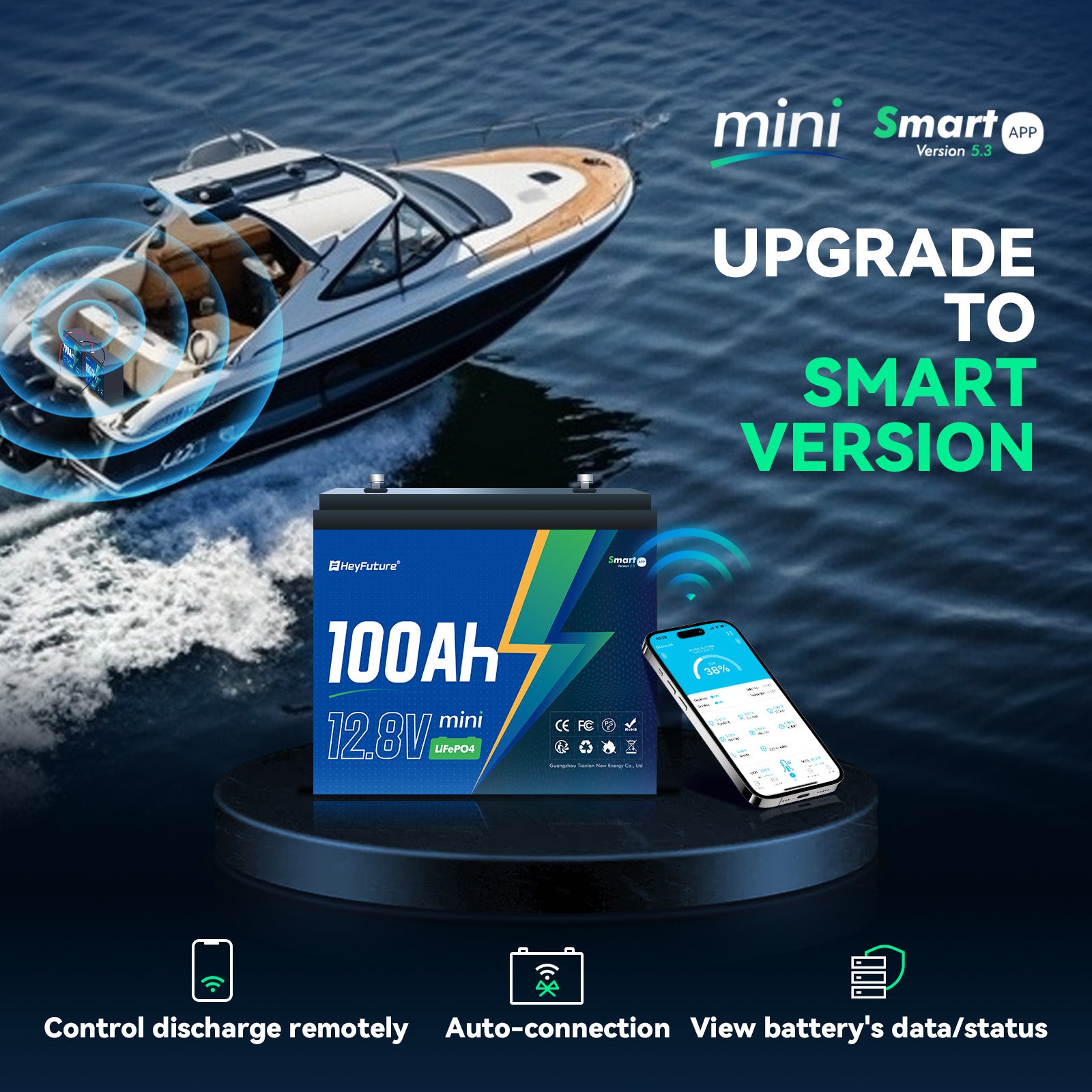 HeyFuture 12V100Ah Bluetooth Mini LiFePO4 Battery