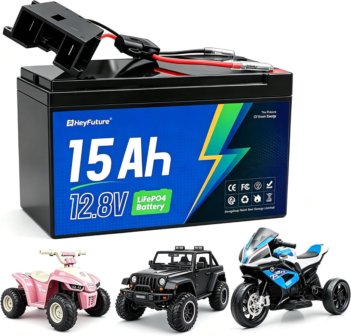HeyFuture 12V 15Ah LiFePO4 Battery for Power Wheels Ride On Toy UpgradeKit
